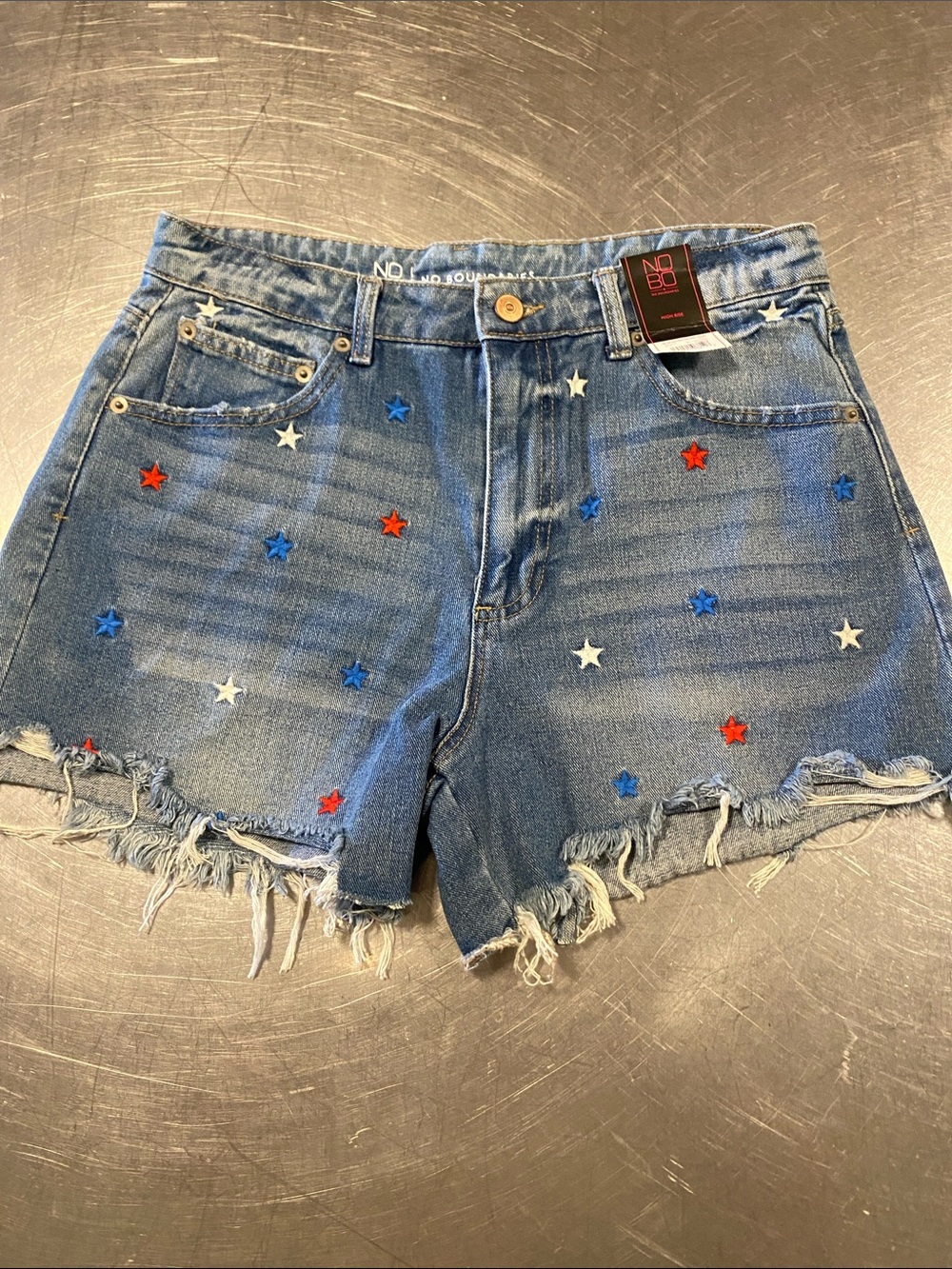 No Boundaries Blue Denim Shorts with Red, White & Blue Star Embroidery